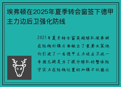 埃弗顿在2025年夏季转会窗签下德甲主力边后卫强化防线